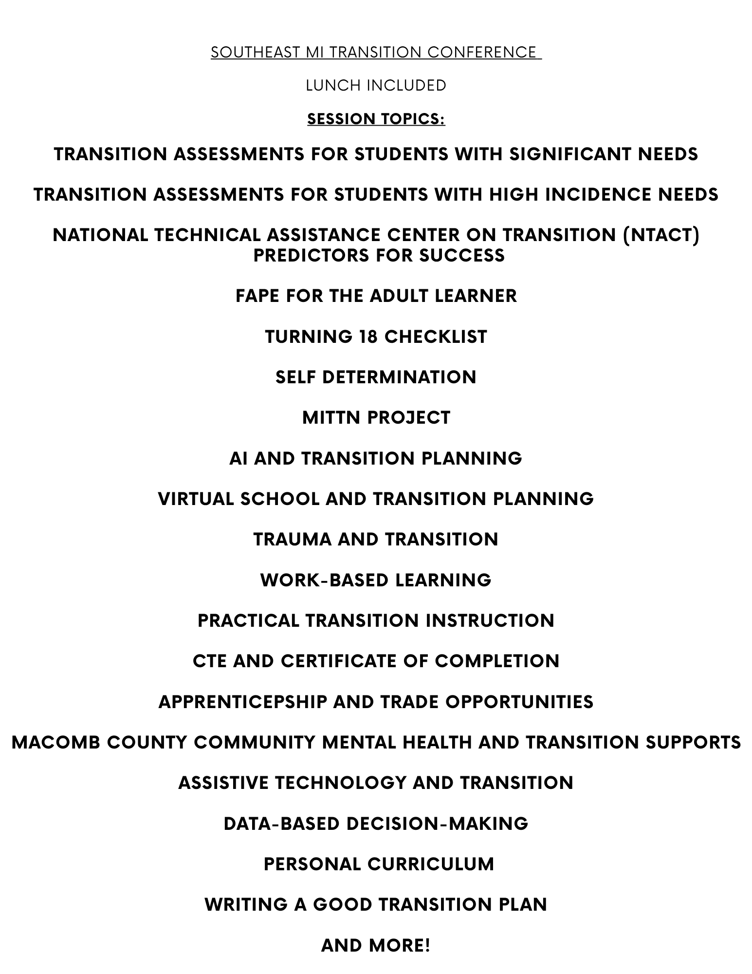 Southeast Michigan Transition Conference Descriptions